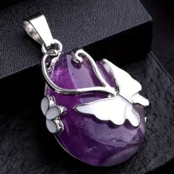 High Quality Amethyst Butterfly Crystal Natural Stone Water Drop Necklace - Picture 2 of 2